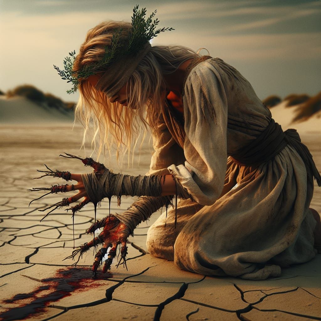 Bleeding Woman in Barren Landscape: Cinematic 35mm Film