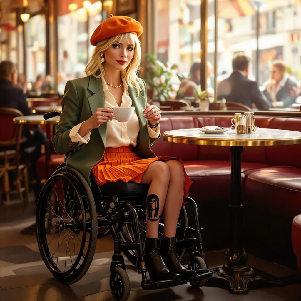 Chic Woman in Wheelchair Sips Espresso, Hyperrealistic Paint...