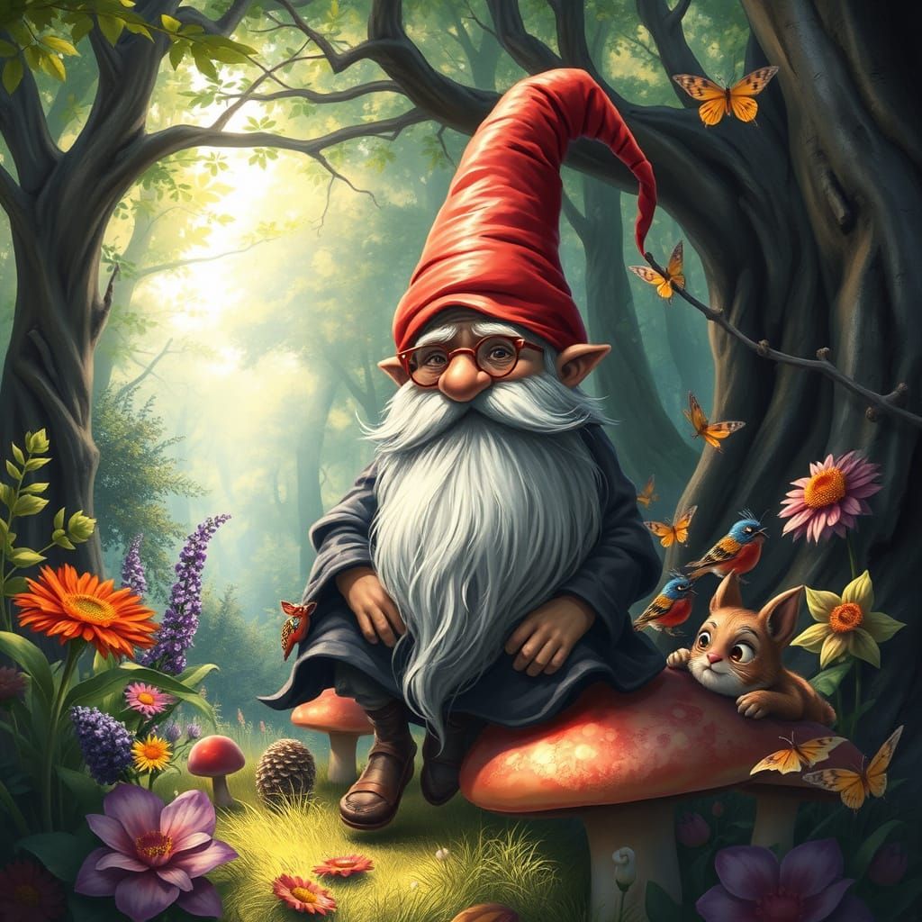 Whimsical Gnome in Forest Clearing, Hyperrealistic Style
