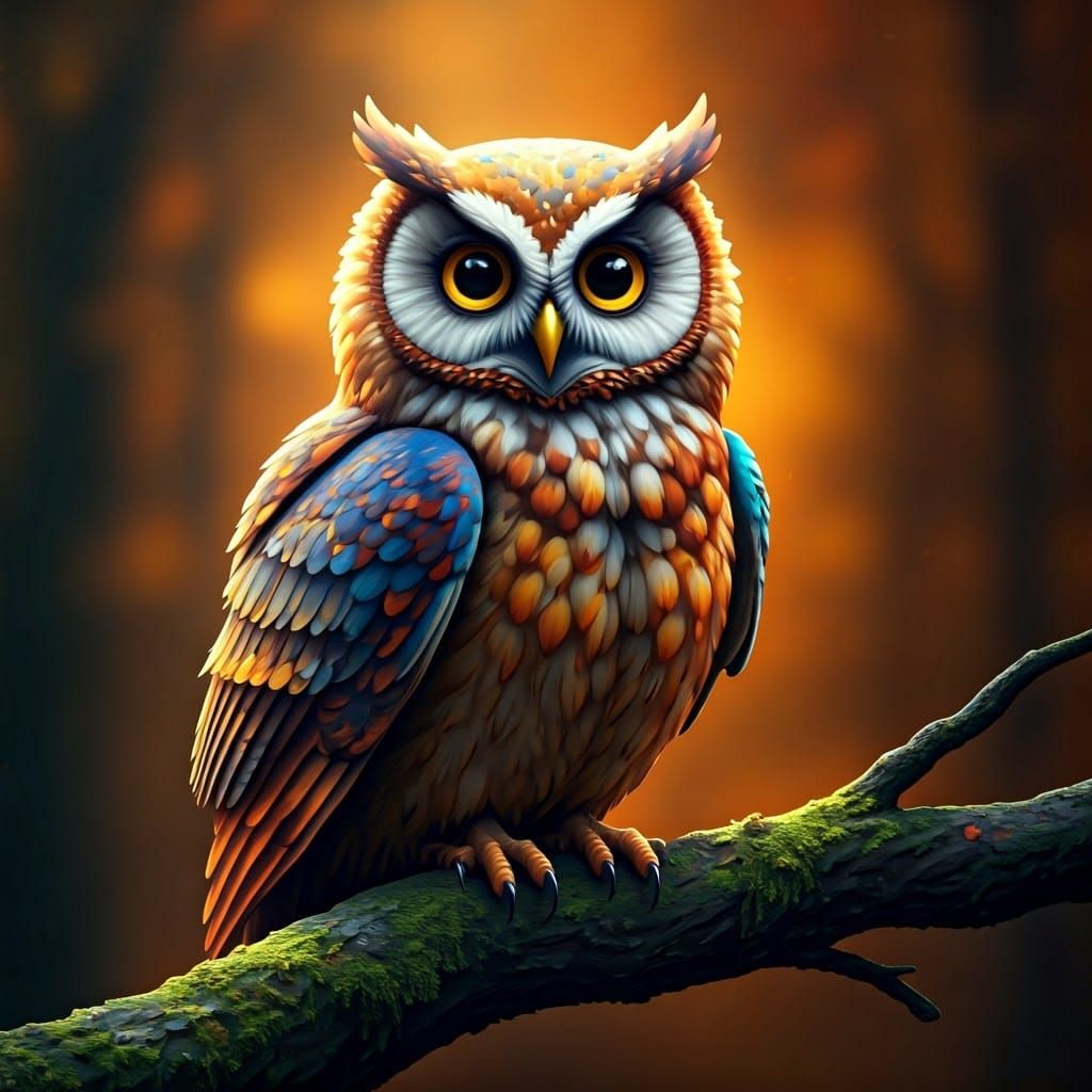 Multicolor 3D Owl on Branch with Autumn Background