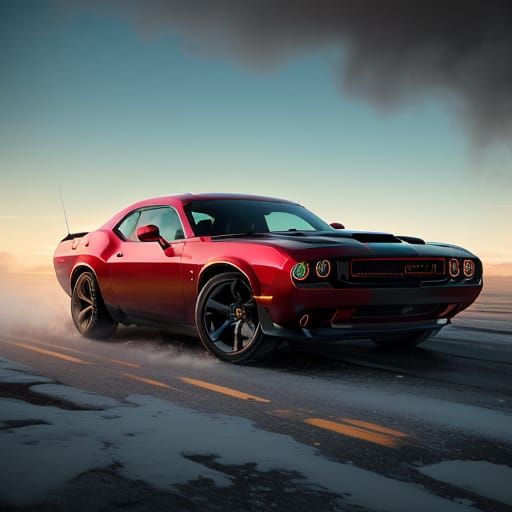 Cherry-Red Dodge Challenger in Mystical Landscape
