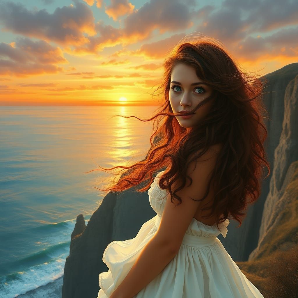 Woman at Cliffside Gazing at Sunset: A Dreamy Painting