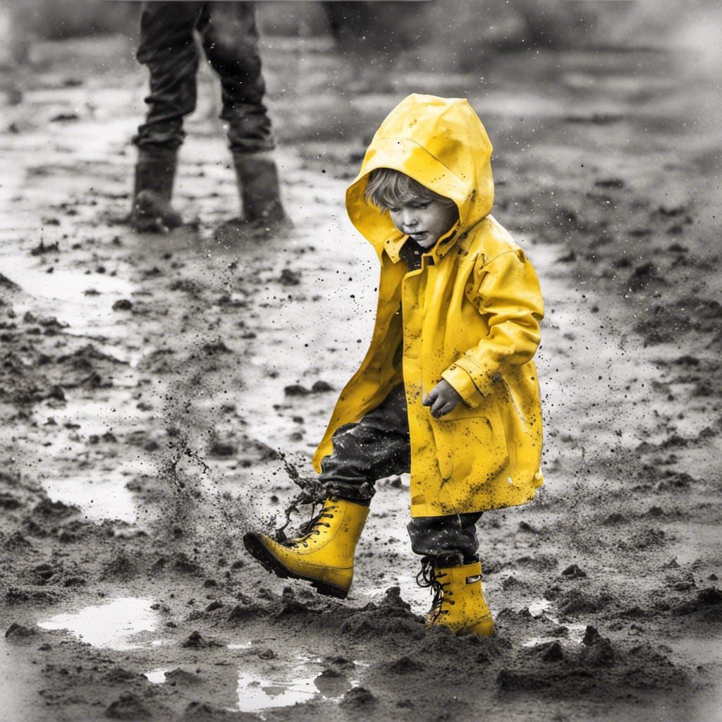Child's Joy: Yellow Boots in Muddy Puddle