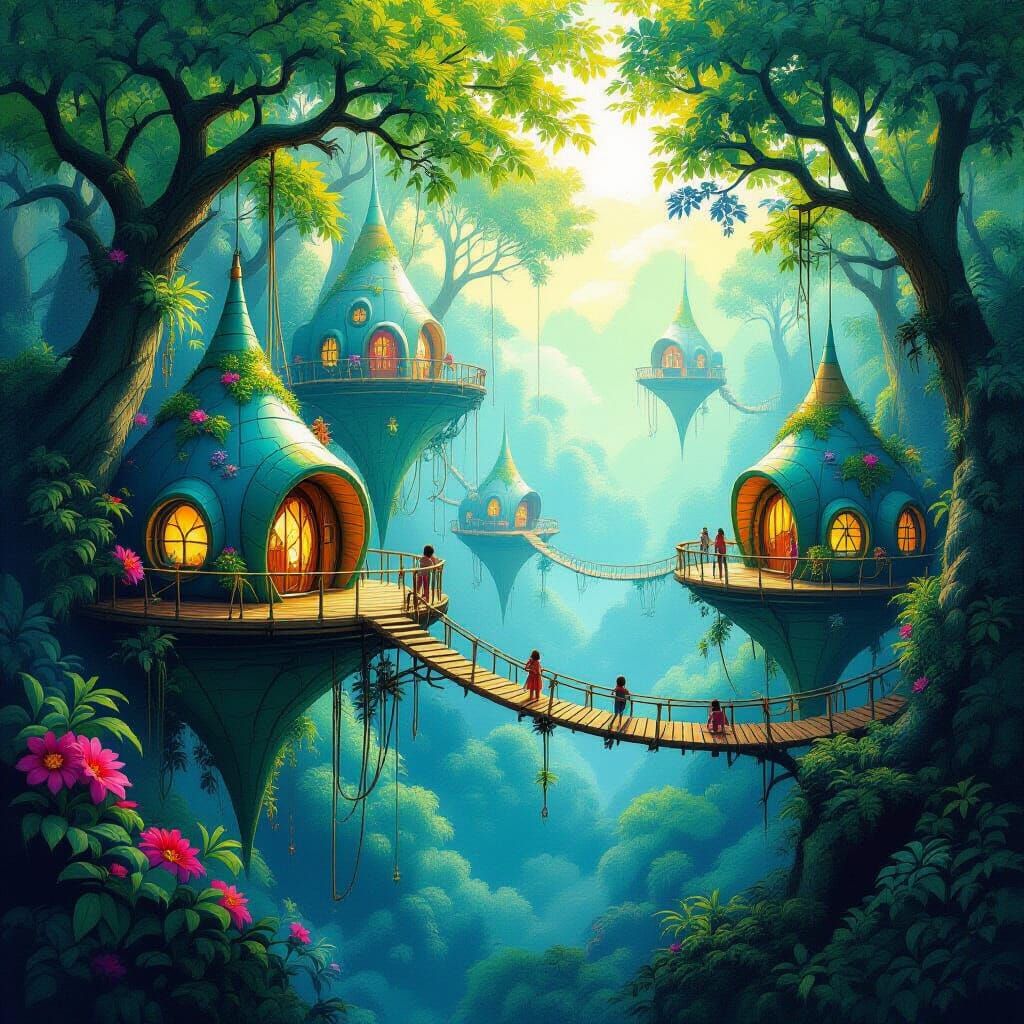 Alien Treehouse Village in Light-Infused Forest