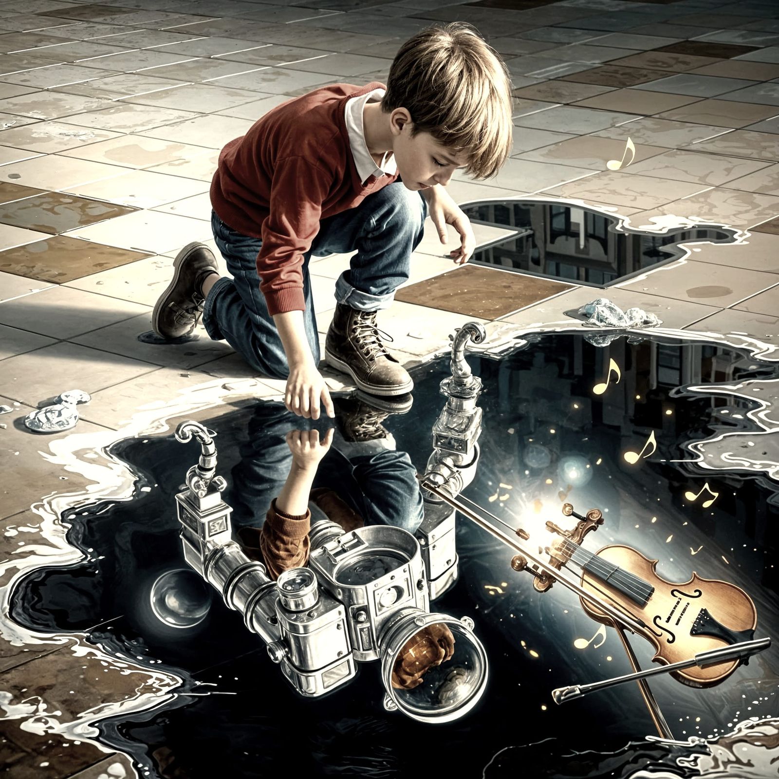 Boy Sees Violinist Reflection in Puddle