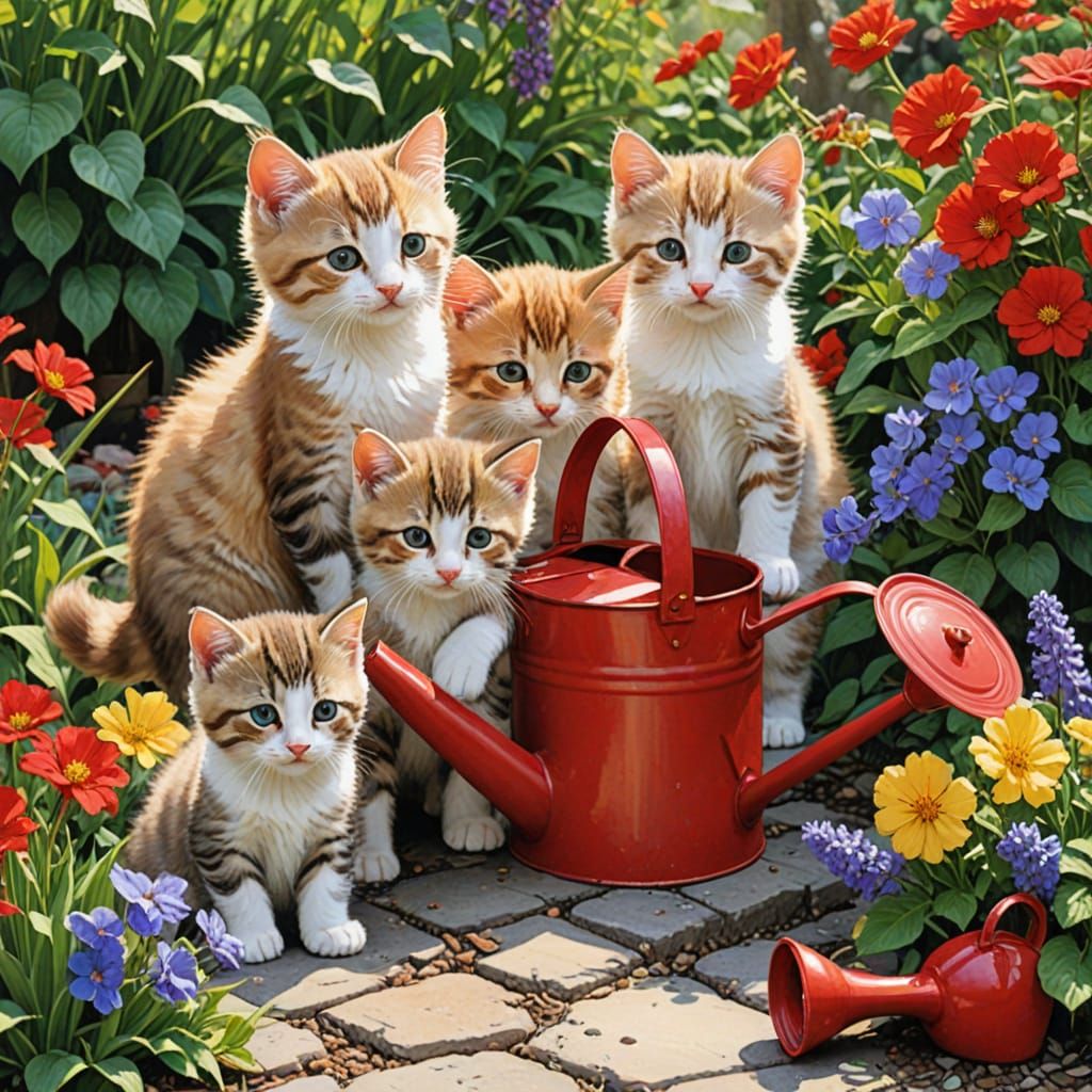 Whimsical Garden Kittens in a Red Watering Can