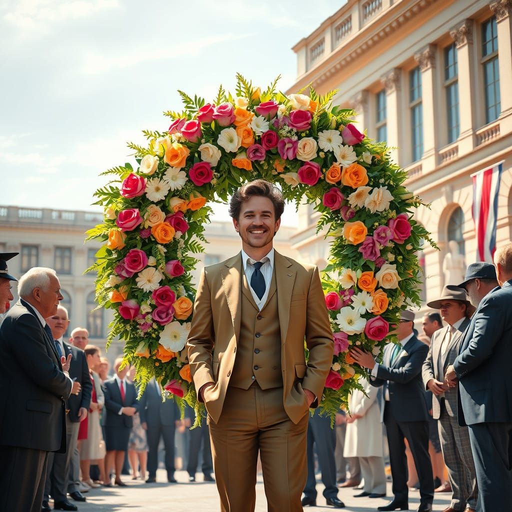 Celebrity Honored with Grand Floral Wreath in Impressionist....