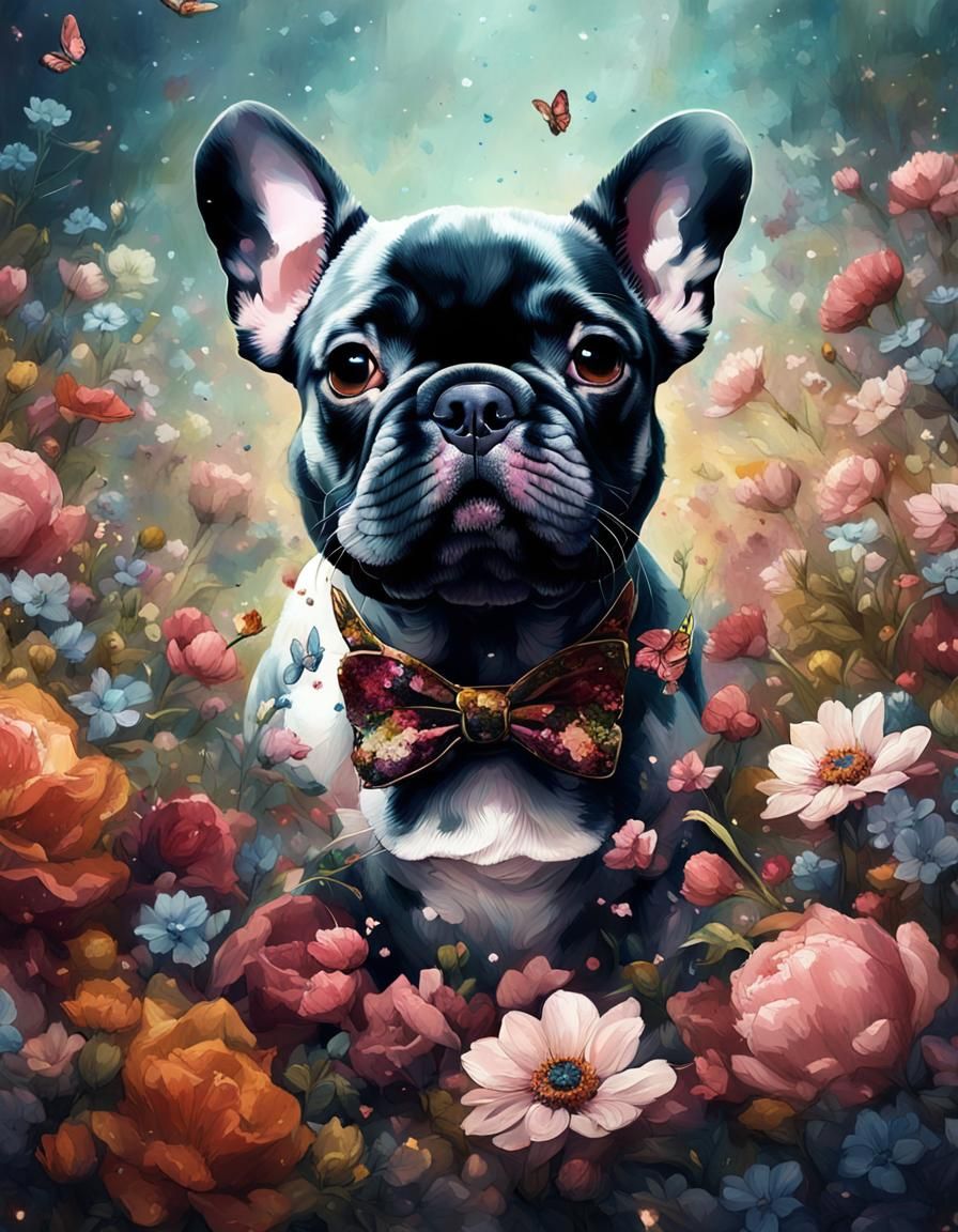 Floral French Bulldog Puppy Portrait