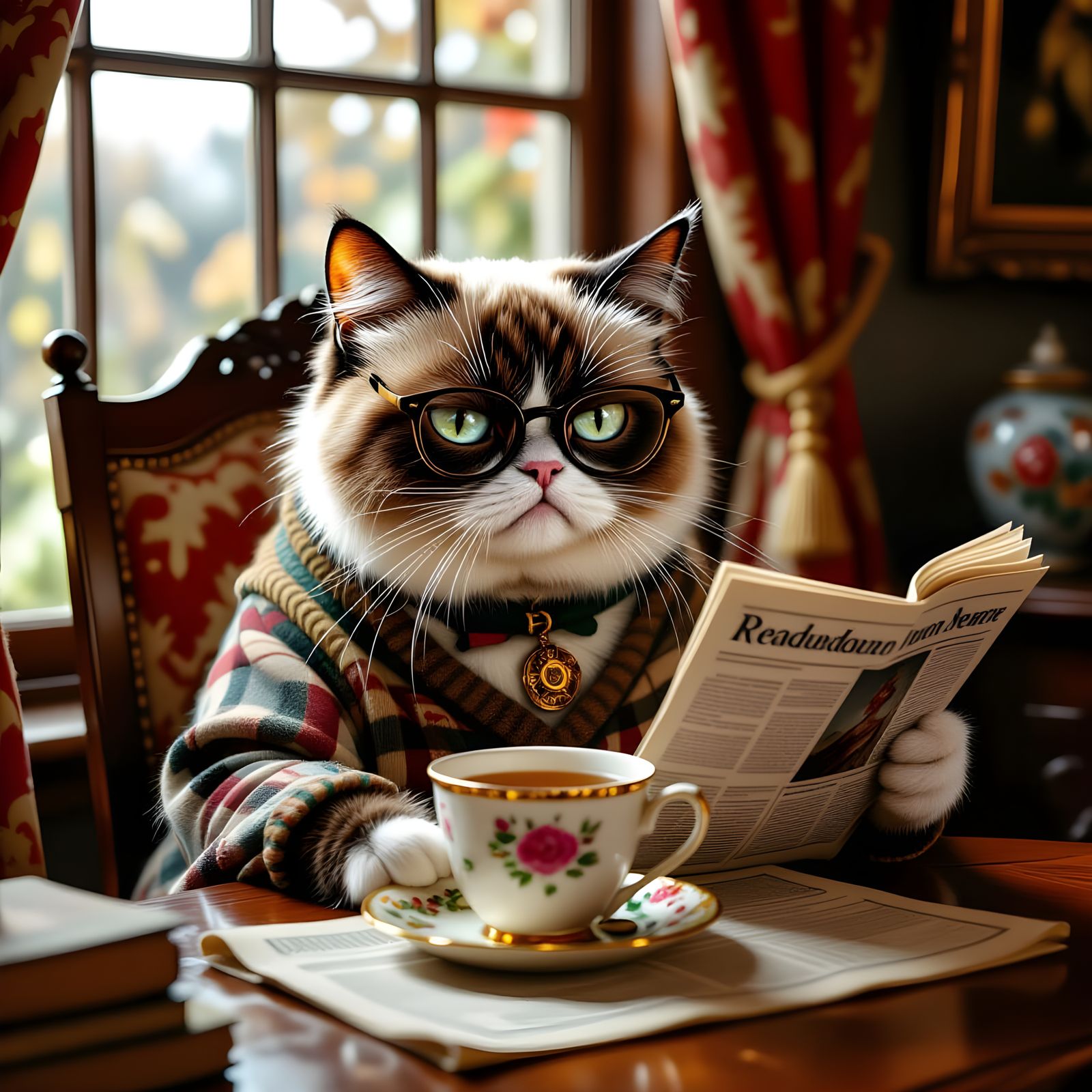 Grumpy Cat Reads Newspaper in Cozy Vintage Interior