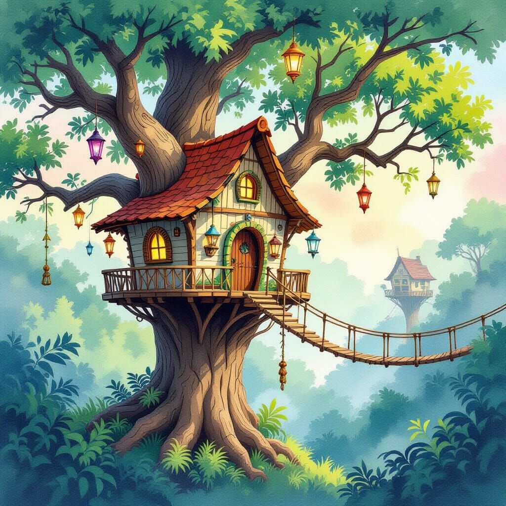 Whimsical Treehouse in Tropical Rainforest, Watercolor Style