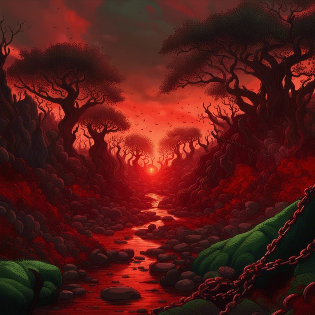 Bleak Red Landscape with Metal Trees