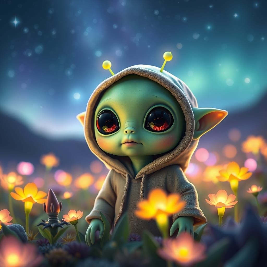 Cute Alien in Glowing Meadow: Fantasy Realism