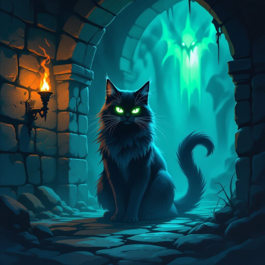 Shadowy Cat Spirit in Dungeon, Hissing Menacingly