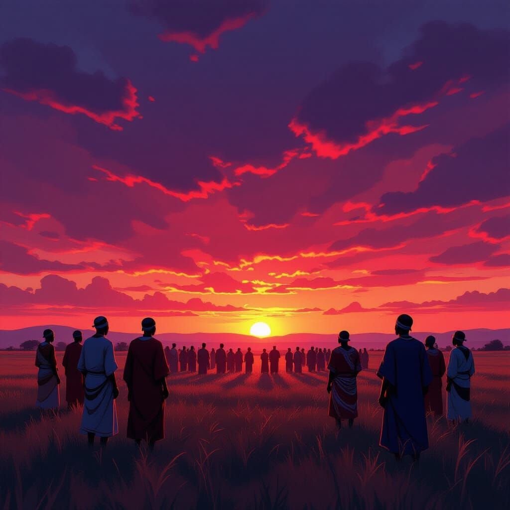 African Gathering Under Red Sky: A Dramatic Digital Painting