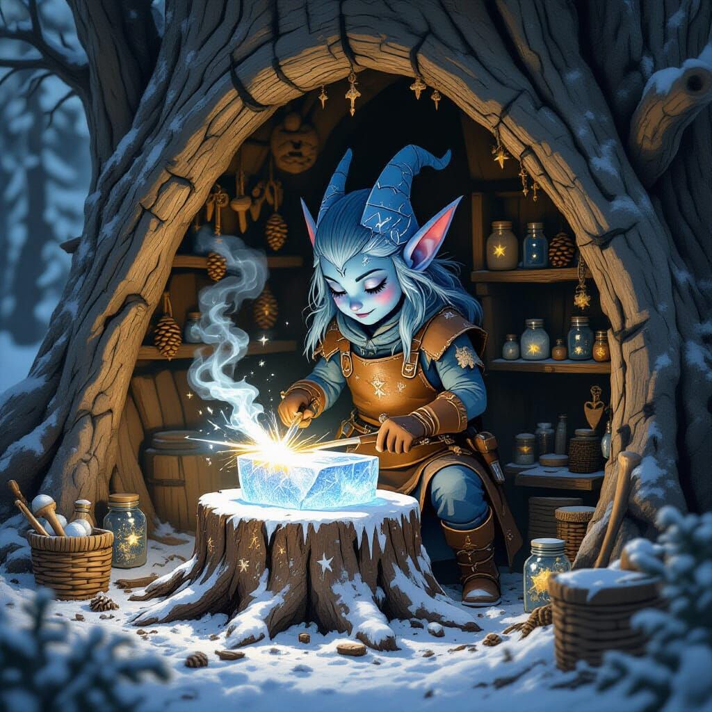 Winter Fey Blacksmith Forging Starlight Metal in Ice Anvil