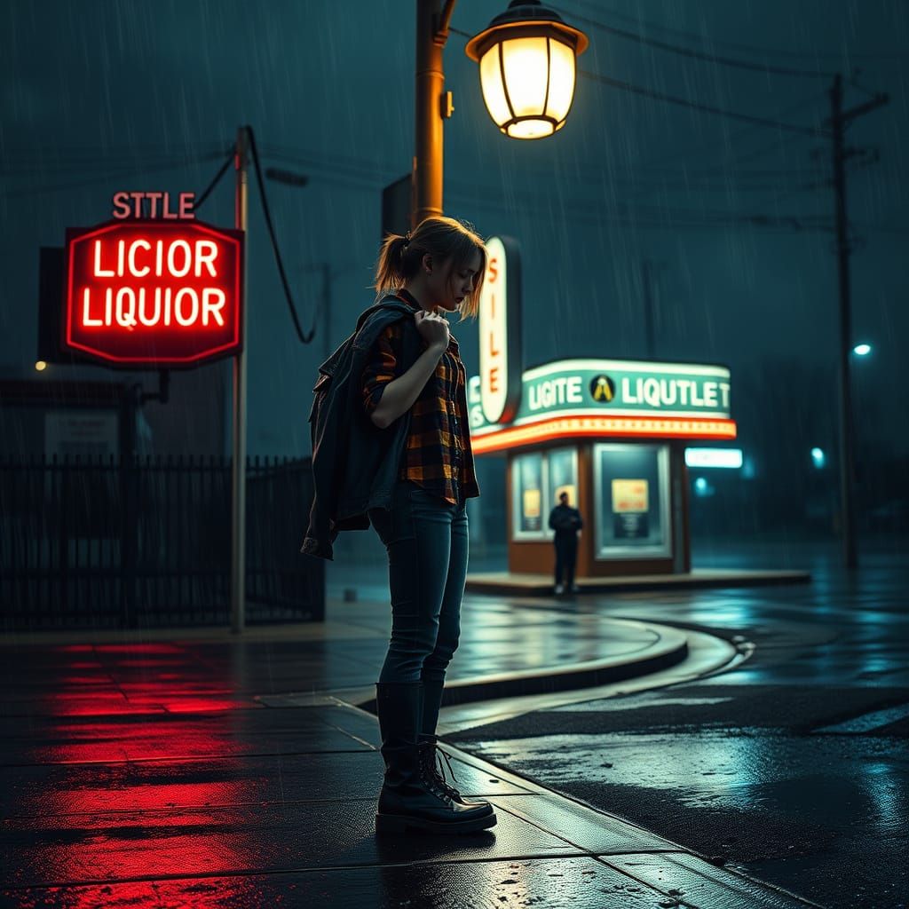 Grunge Girl Under Neon Rain