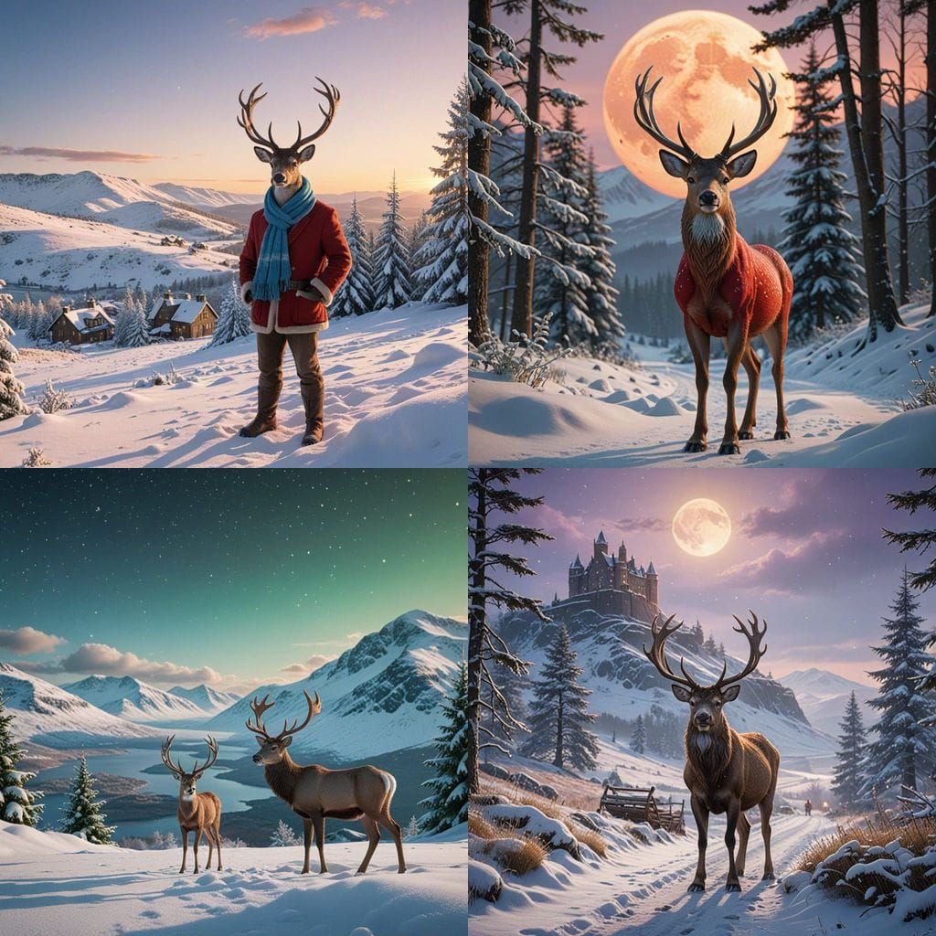 Whimsical Scottish Christmas Scene with Young Deer and Santa