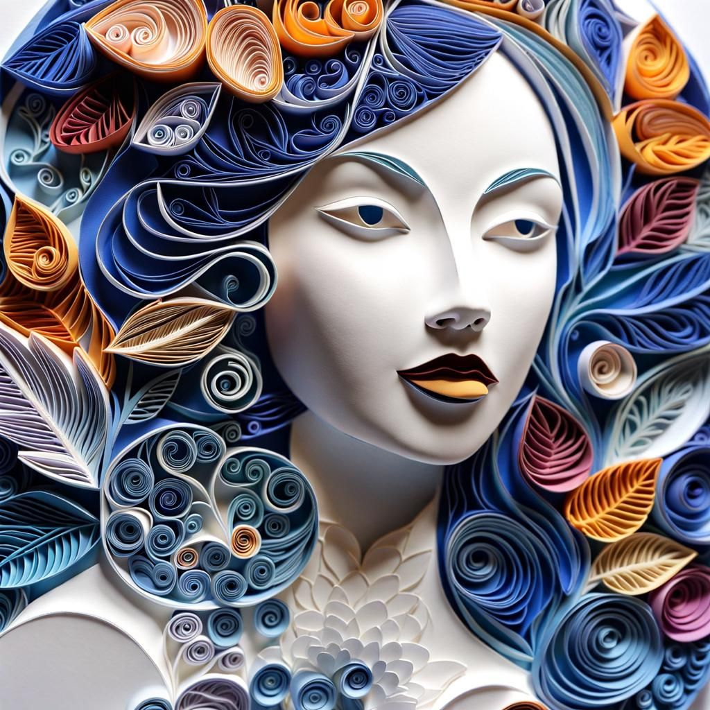 a woman , , multi-dimensional paper cut craft, mixed media illustration, Sharp, paper quilling, polymer clay, sharpie, H...