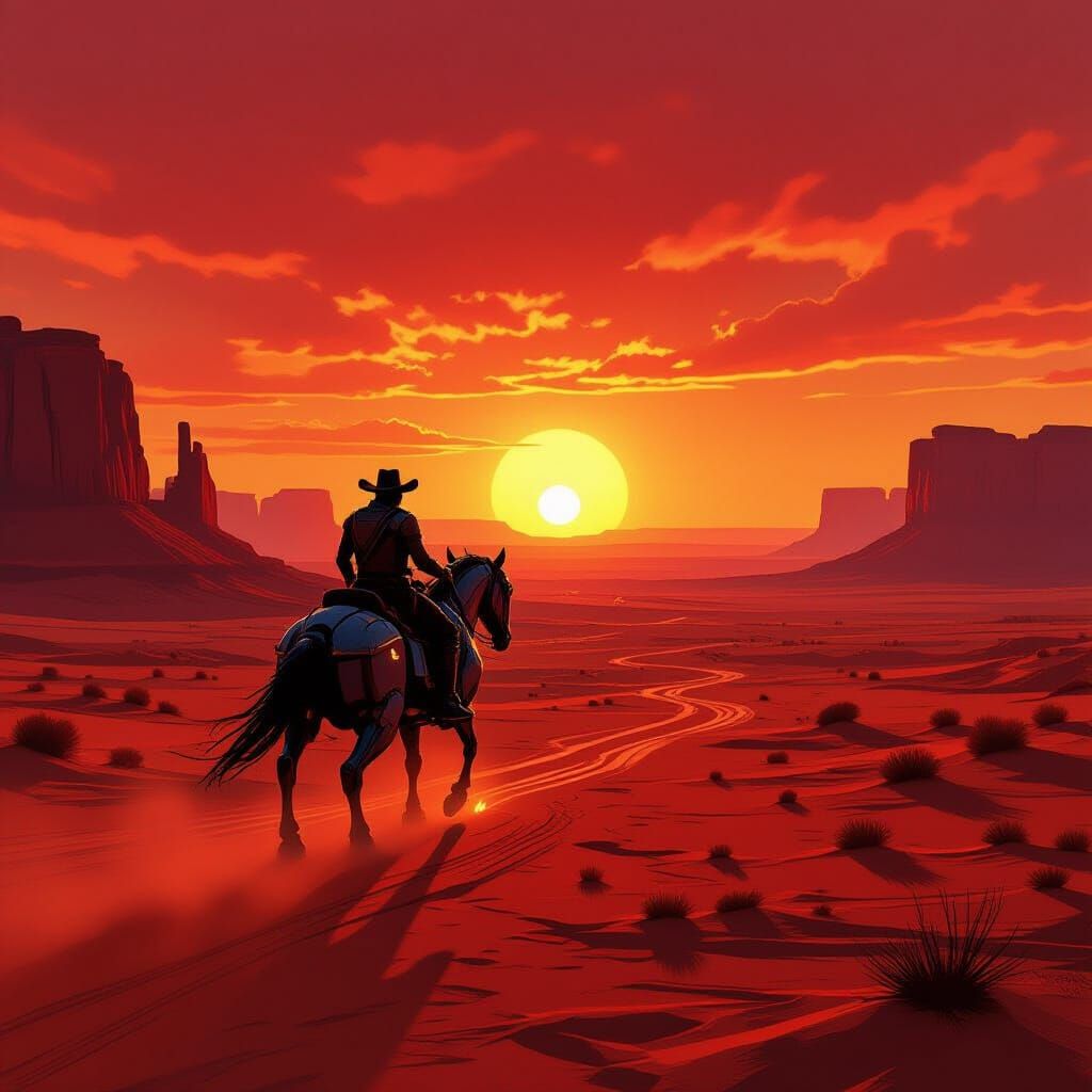 Lone Rider on Alien Mesa at Fiery Sunset