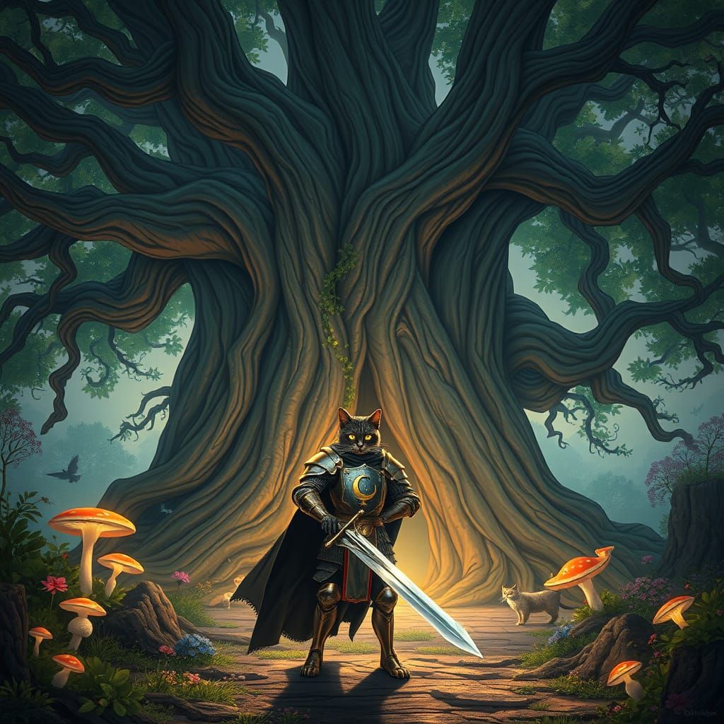 Brave Cat Knight Guards Ancient Oak Tree Portal in Fantasy R...