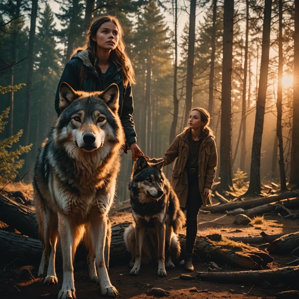 Woman and Wolf at Sunset: Cinematic Still