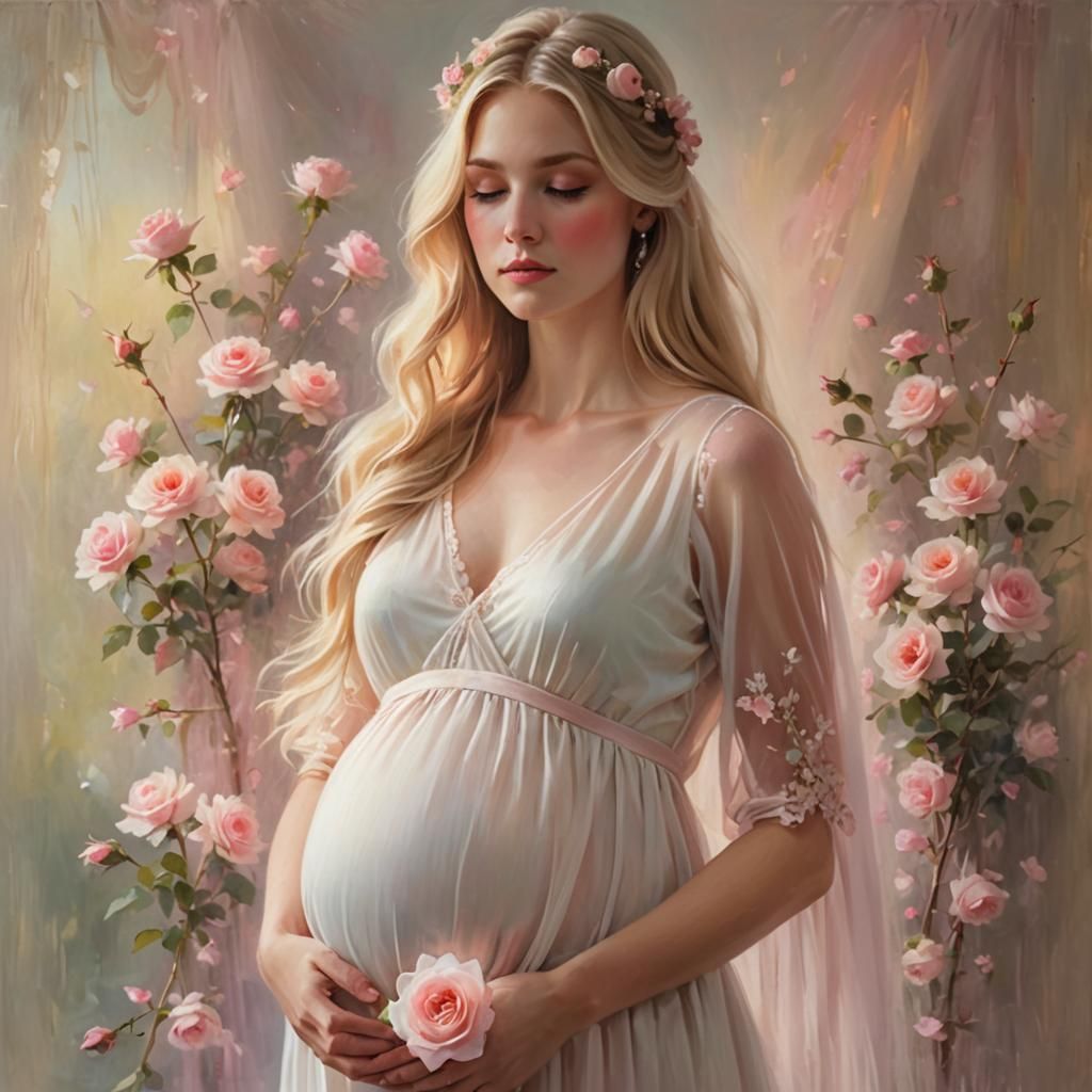 Ethereal Oil Painting of Pregnant Woman with Roses