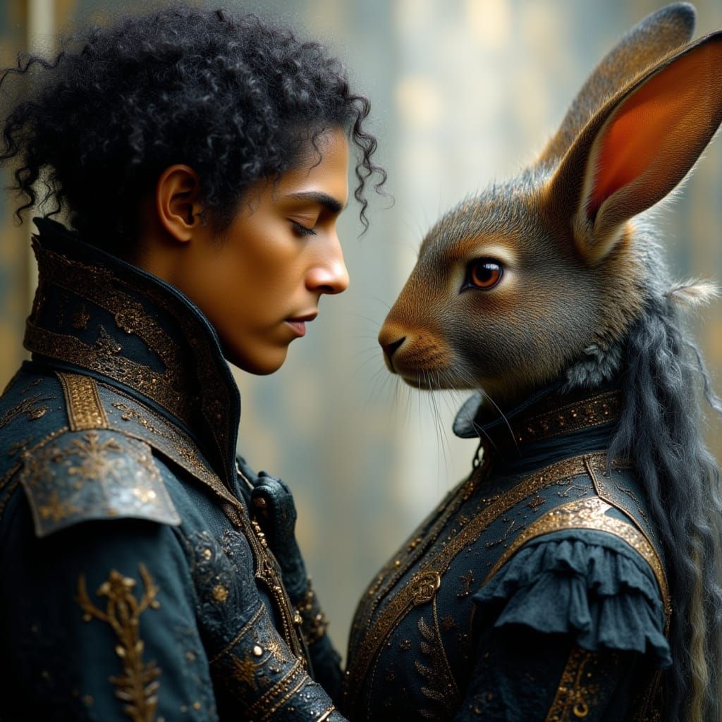 Victorian Steampunk Portrait: Rabbit and Man in Intimate Exc...