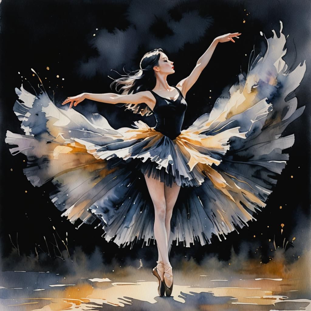 Goth Ballet Dancer in Impressionist Watercolor Landscape