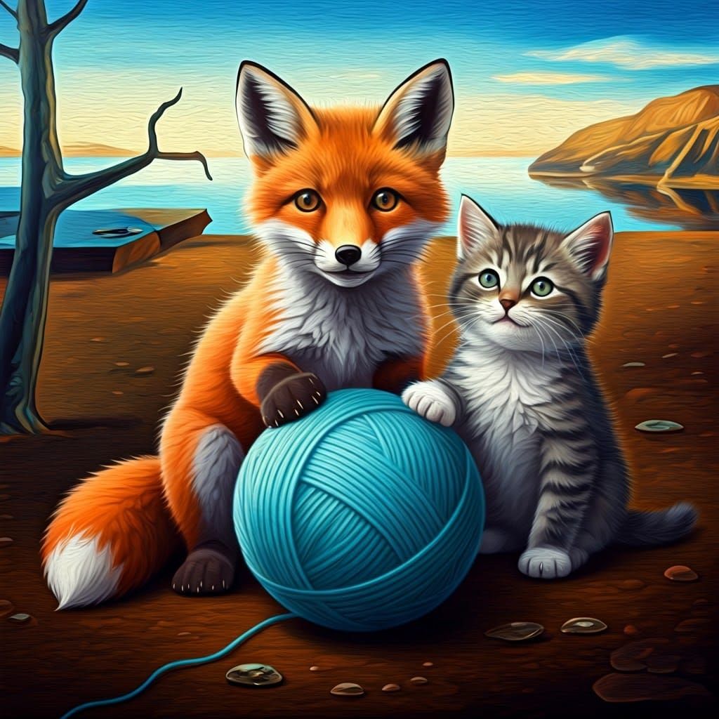 Fox Cub and Kitten Play in Surreal Dreamscape