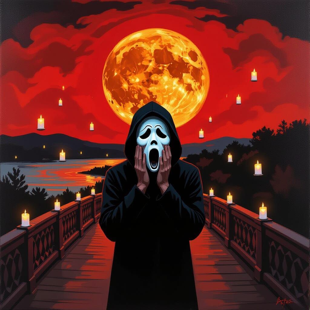 Screaming Figure on Bridge Under Blood Moon