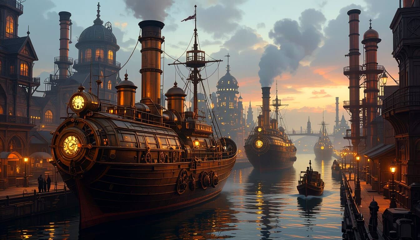 Bustling Steampunk City Harbor with Zeppelins