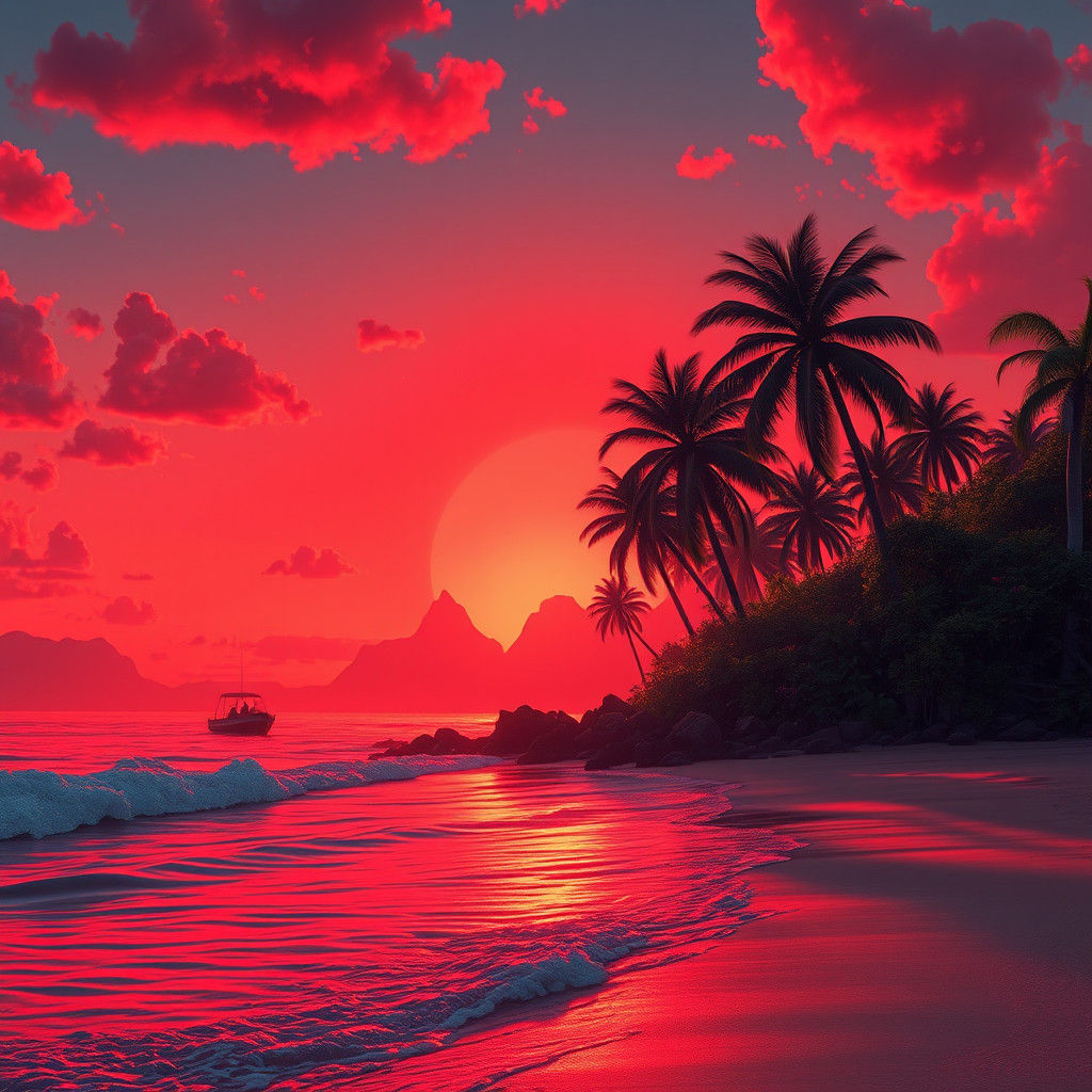 Tranquil Red Sunset Beach Scene, Matte Painting