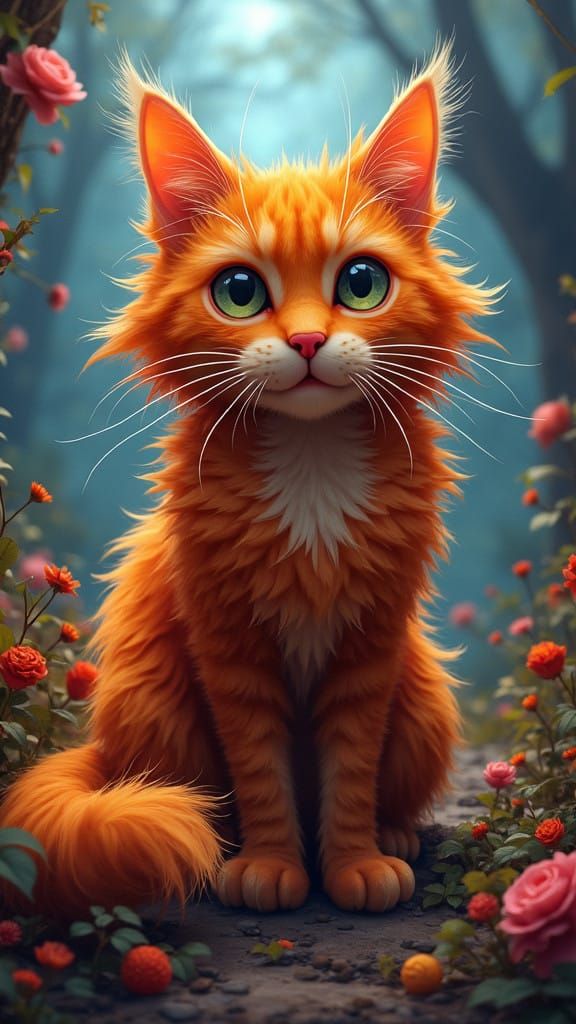 Whimsical Orange Maine Coon Cat in Surreal Fantasy