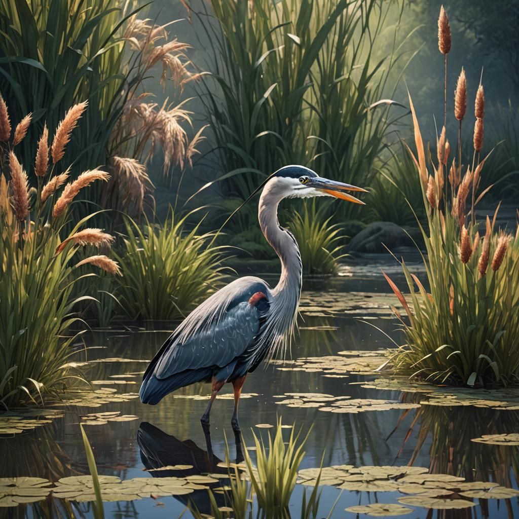 Great Blue Heron Eating Fish: Detailed Matte Painting
