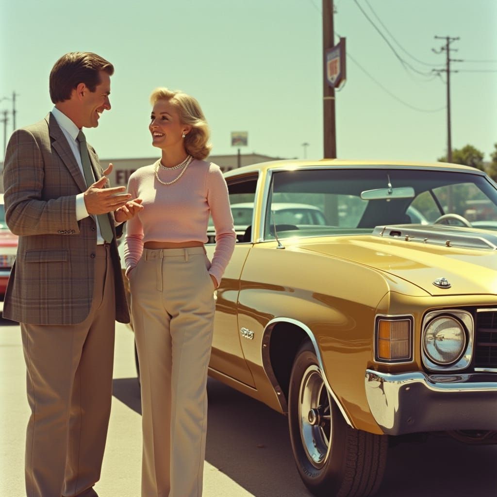 Woman on Car Lot Admiring Gold Chevy Malibu
