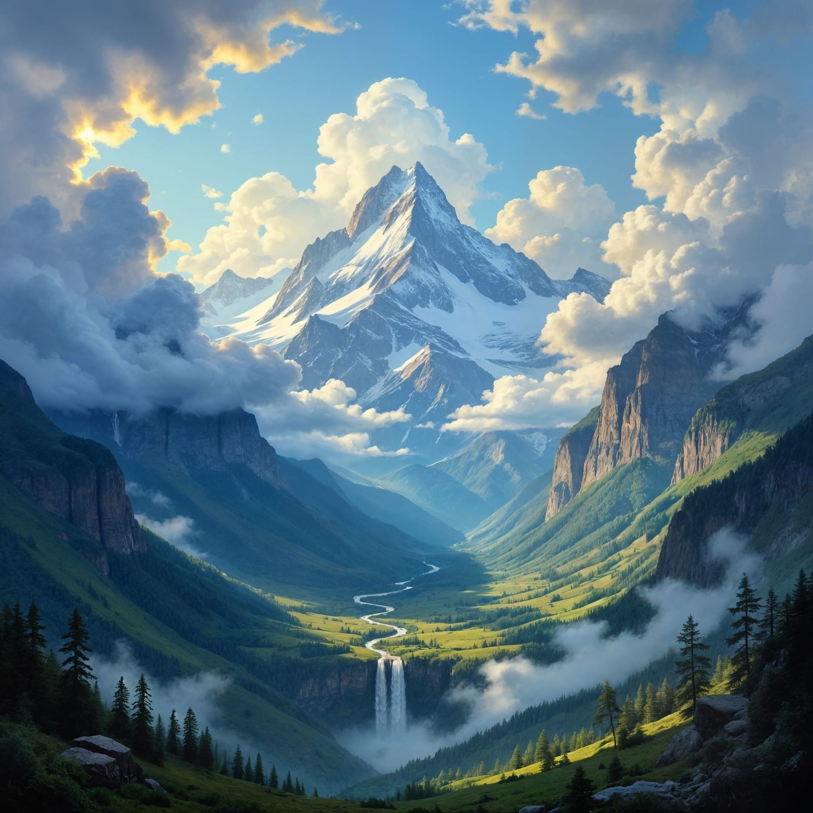 Majestic Mountain Valley Landscape in Hudson River Style