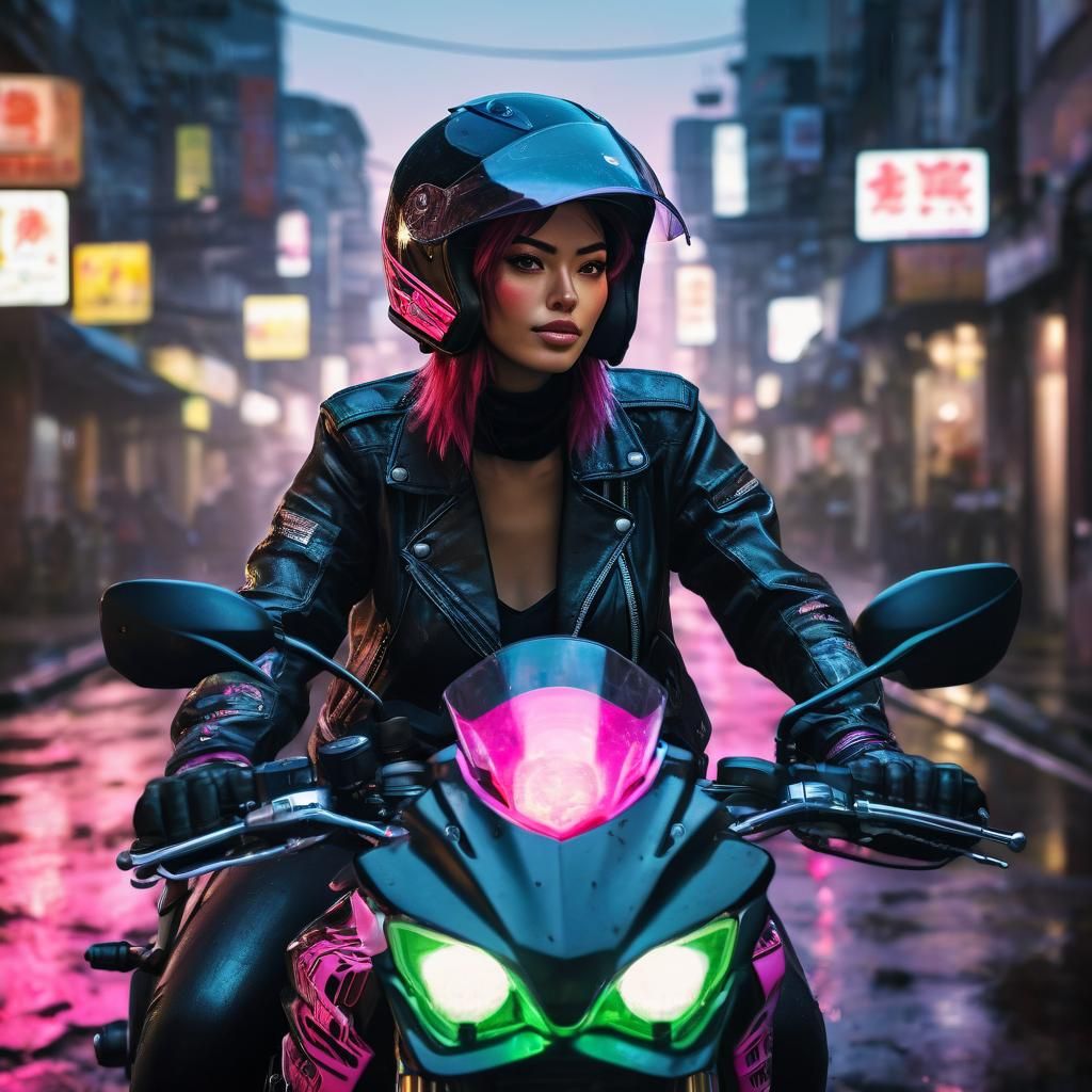 Anime Girl on Kawasaki Motorcycle at Dusk