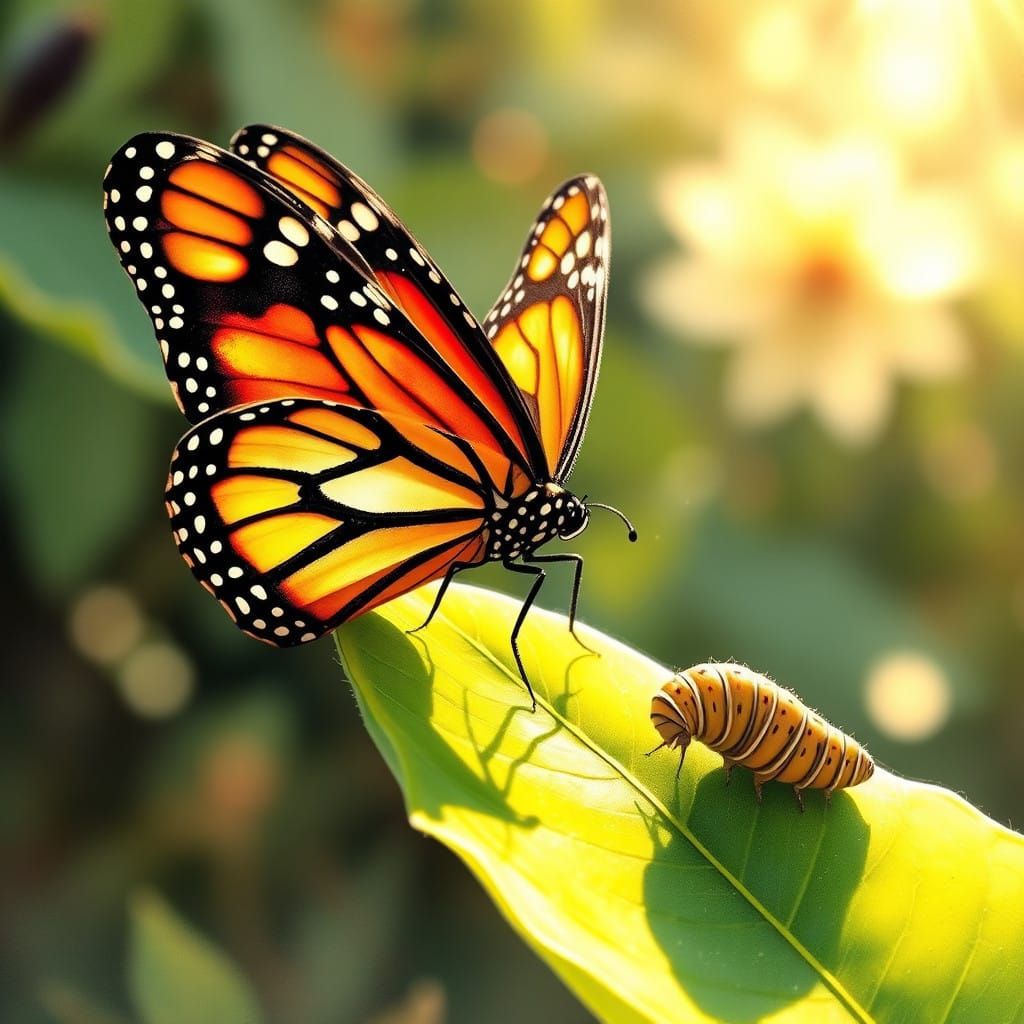 Whimsical Monarch Butterfly Watches Over Its Caterpillar