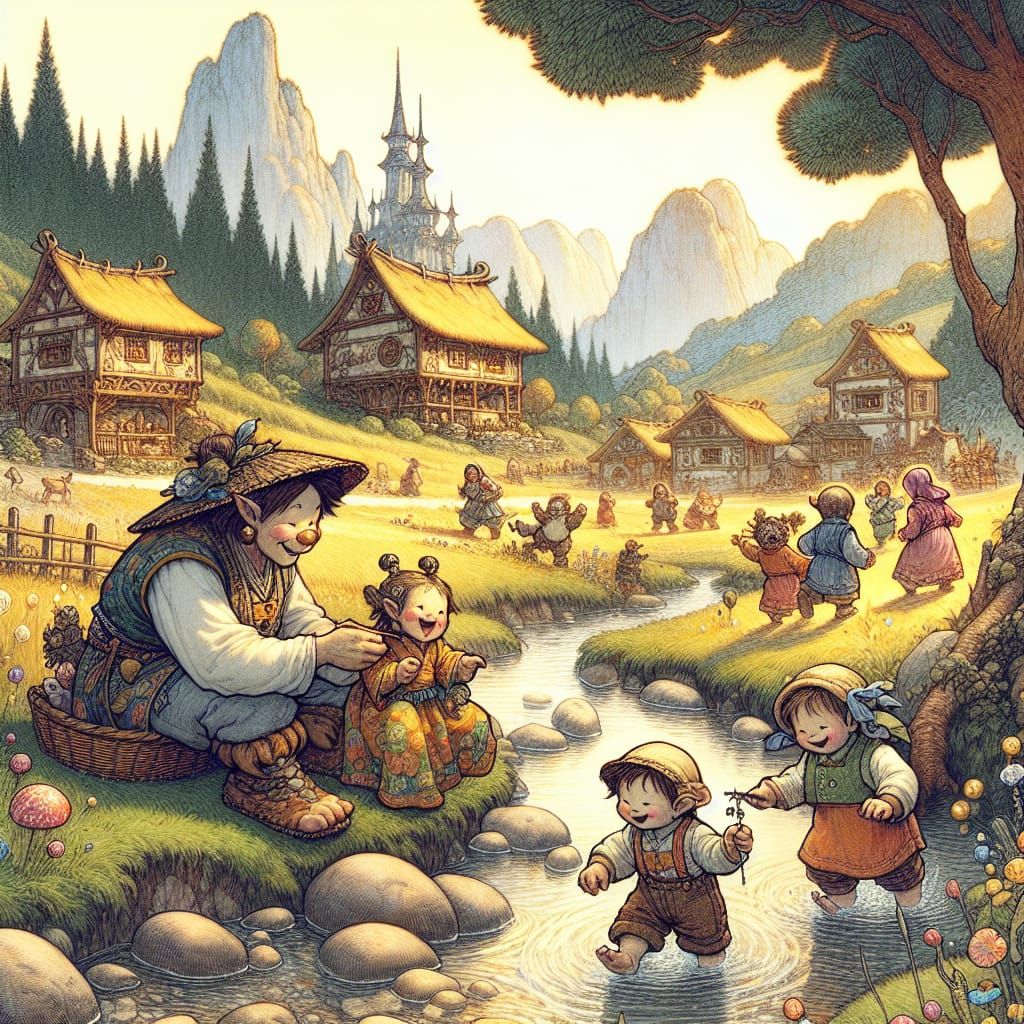 Whimsical Troll Babysitter in Enchanted Meadow