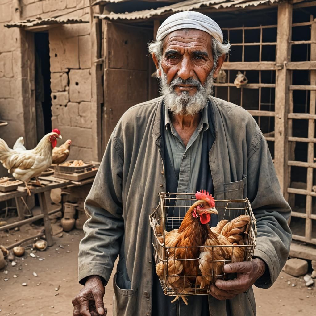 Arab Man Holding Chicken Near Chicken Coop