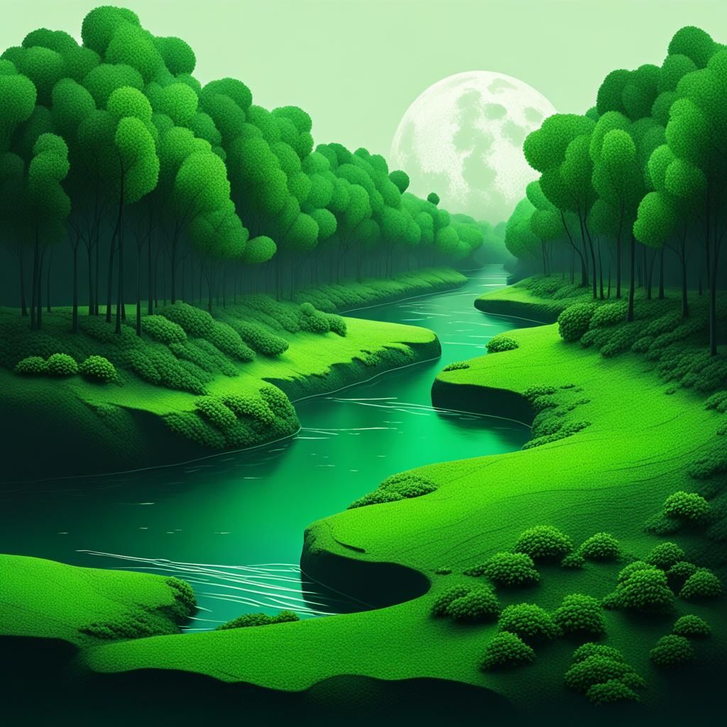 Martian River of Green Trees in Dark Lighting