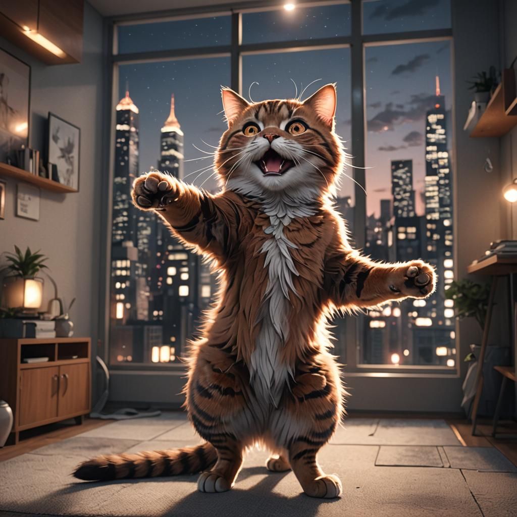 Cute Cat Dancing in Apartment, Anime Style