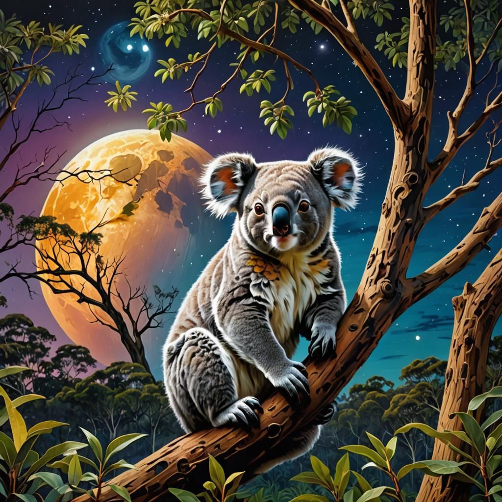 A koala Australian animal sits on a tree branch.