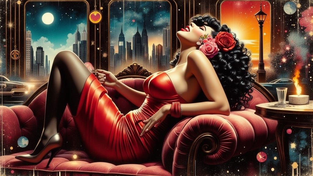 Sultry Mafia Gun Moll in 1940s-Style Film Noir Setting