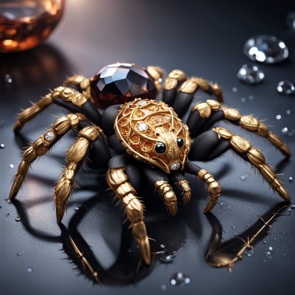 Hyper-Realistic Tarantula Gem Brooch in Golden Filigree