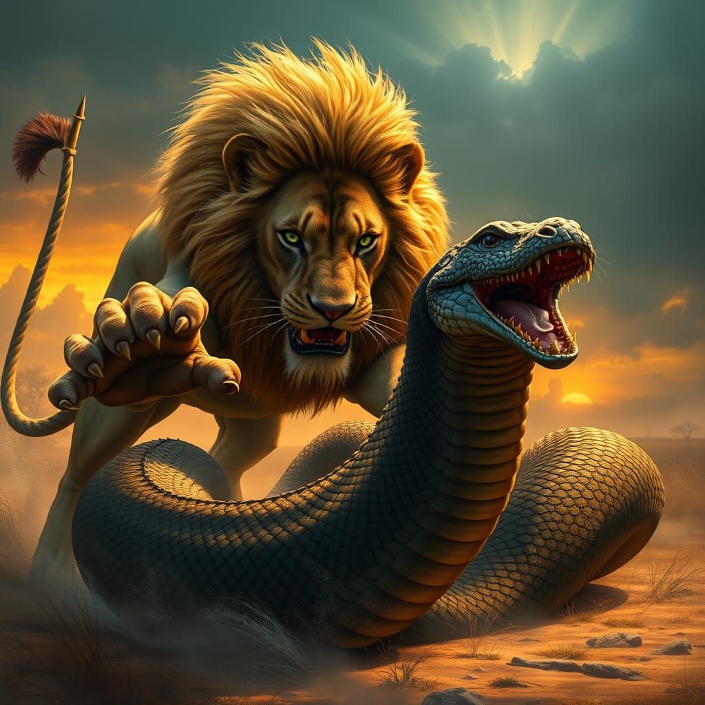 Majestic Warrior Lion Charging a Coiled Anaconda in a Dramat...