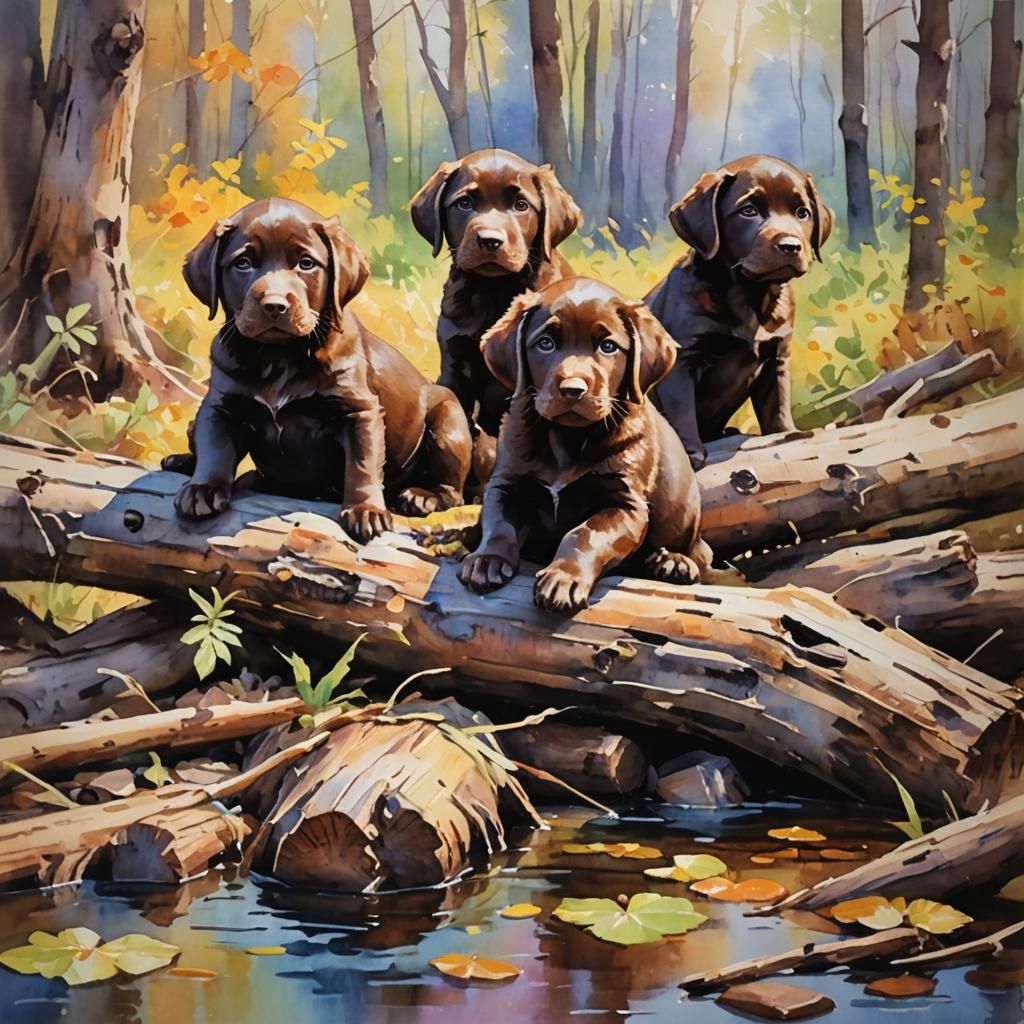 Chocolate Lab Puppies Play in Folk-Art Style