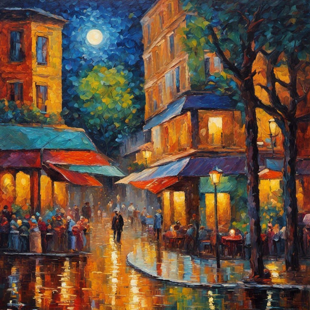 Midnight Art Cafe in Neo-Impressionist Style