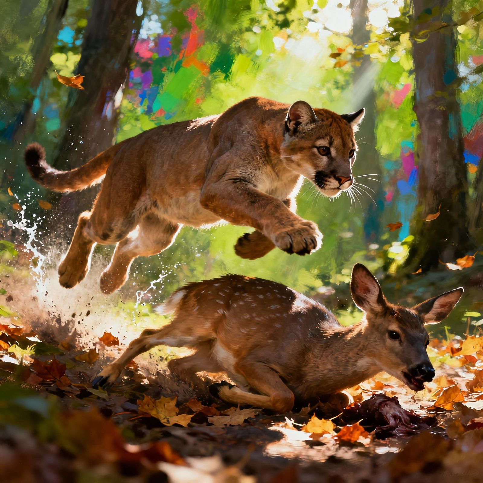Cougar Chasing Deer in Sun-Dappled Forest Splash Art
