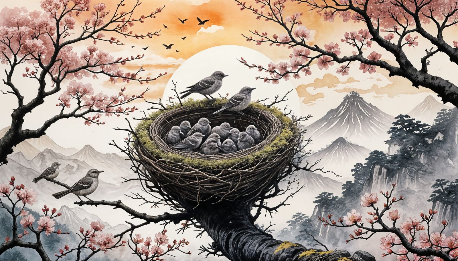 Japanese Ink and Watercolor Nest with Birds